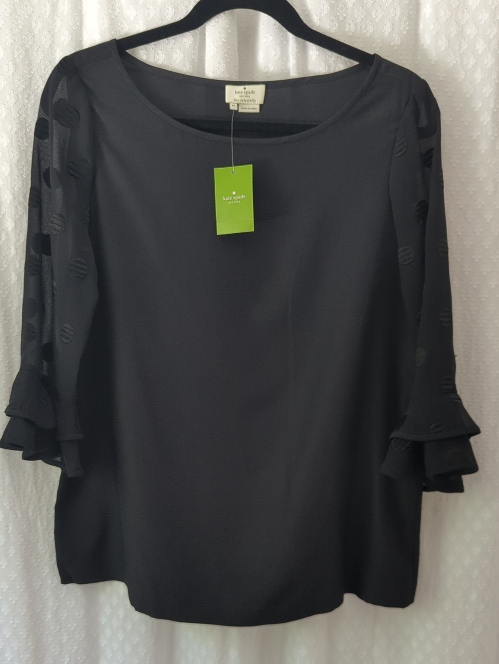 Kate Spade Janie Silk Blouse Black, 3/4 Sheer Sleeve Ruffle Detail Women's M NWT